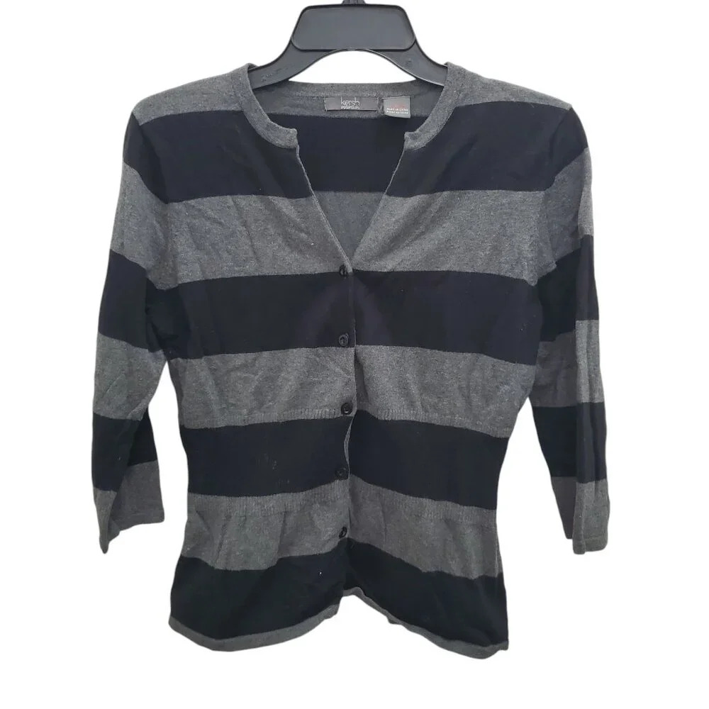 Kersh Black and Gray Striped Button-Front Cardigan